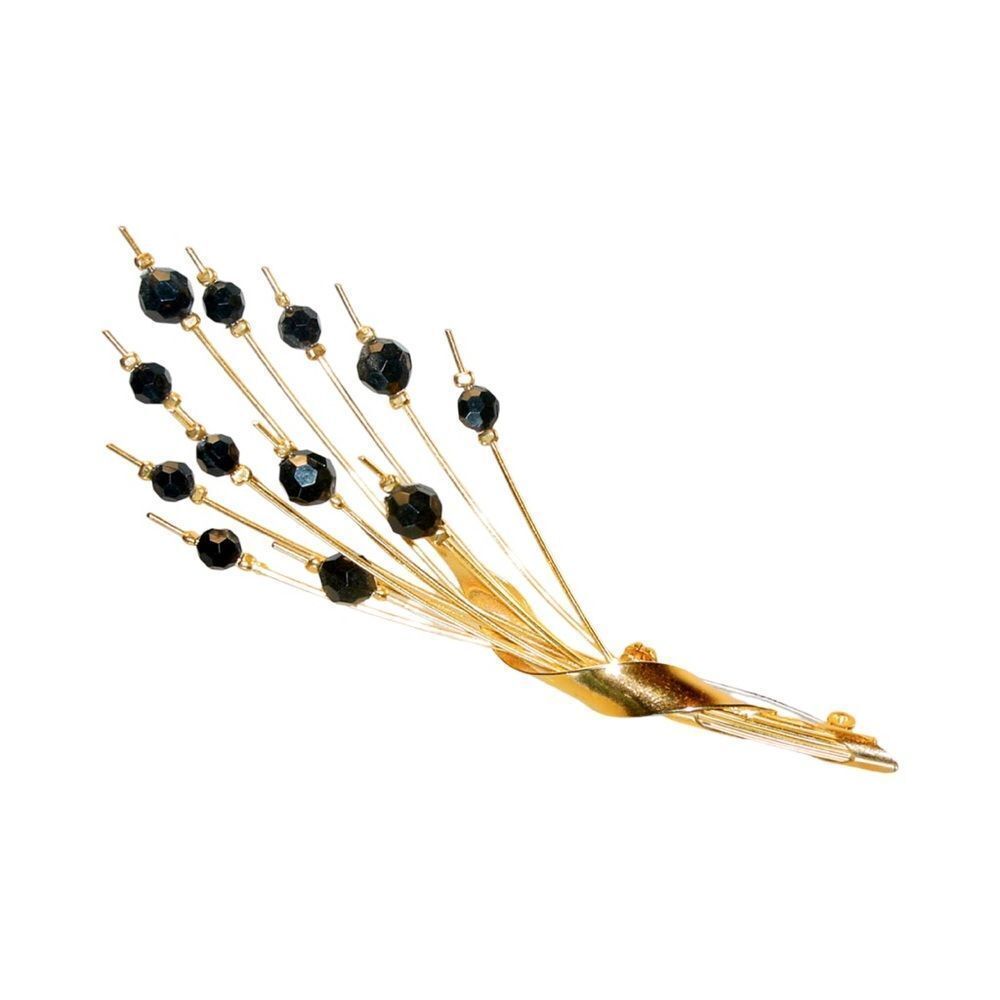 Vintage 1960's Large Spray Style Brooch Black Beads Gold Tone